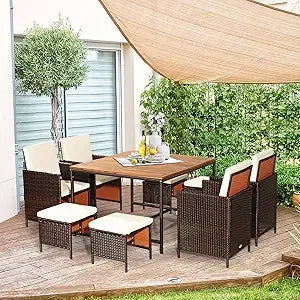 Patio Dining Set With Rattan Chairs And Tempered Glass Table And Ottoman