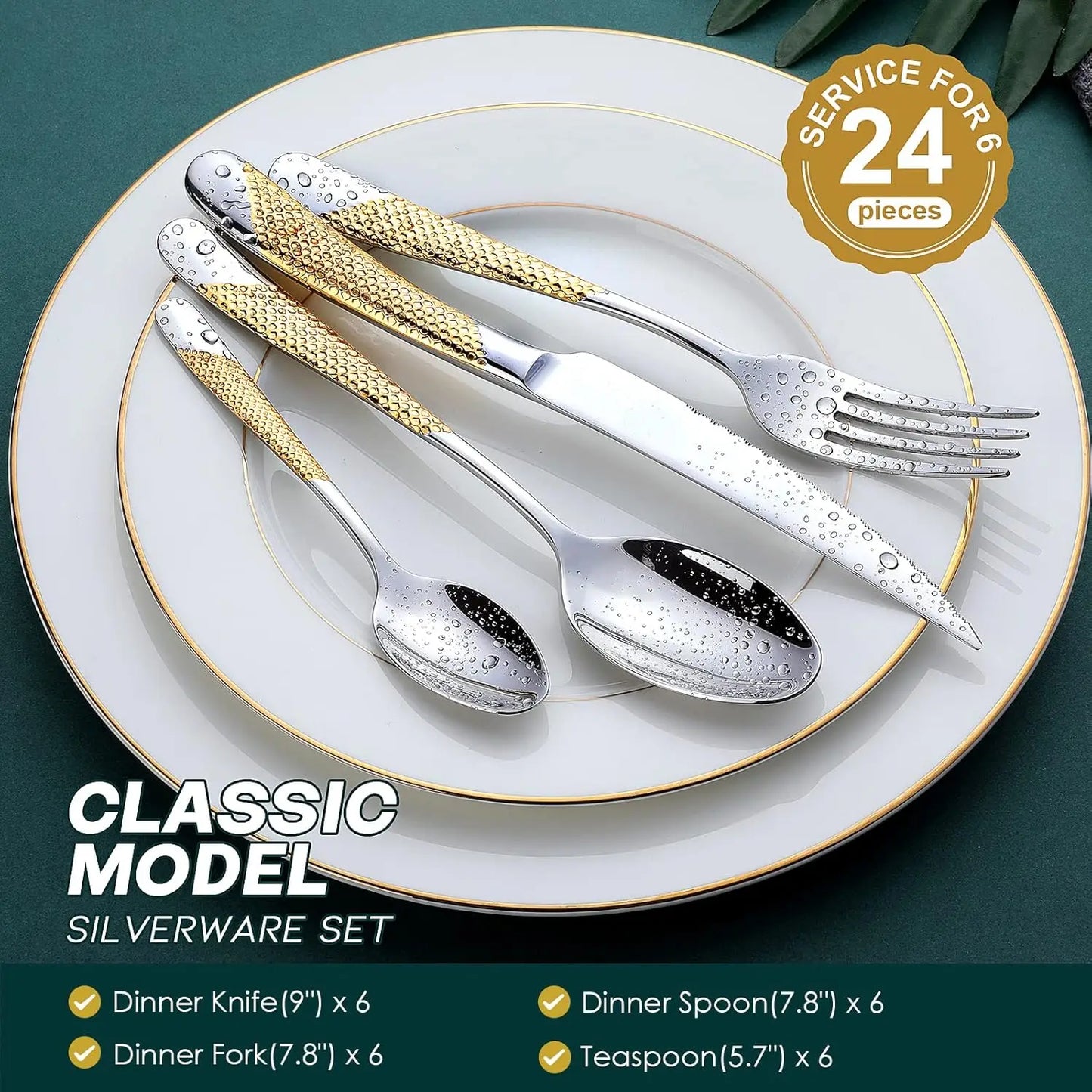 Hammered Stainless Steel Flatware Set For Six 24Piece