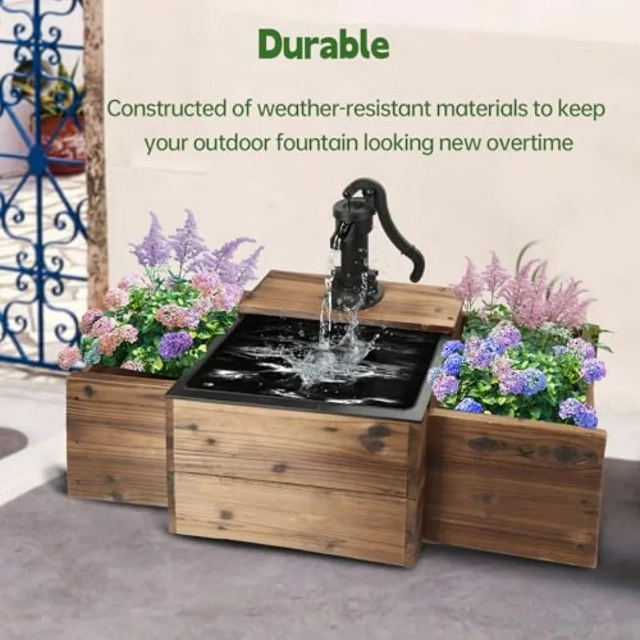 Outdoor Water Fountain With Wooden Floor Pump And Flower Box