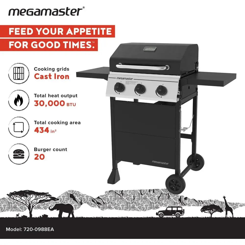 3 Burner Propane Gas Grill With Folding Side Tables
