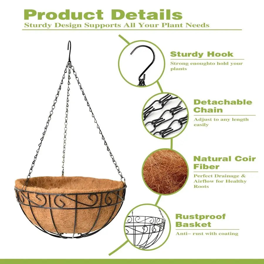 XMSJ 4 Pack Outdoor Hanging Plant Baskets With Coco Liners