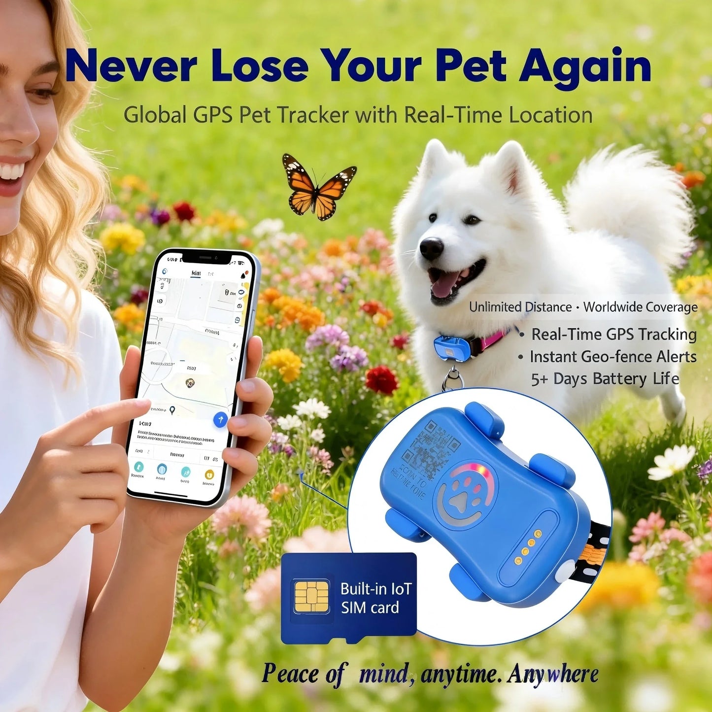 WANWAYTECH GPS Pet Tracker With IoT SIM WiFi Anti-Lost Locator