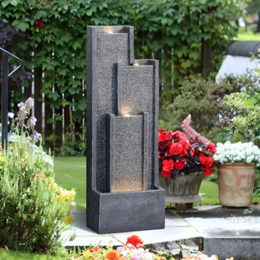 Modern Outdoor Water Fountain With Lights Resin Cascading Waterfall
