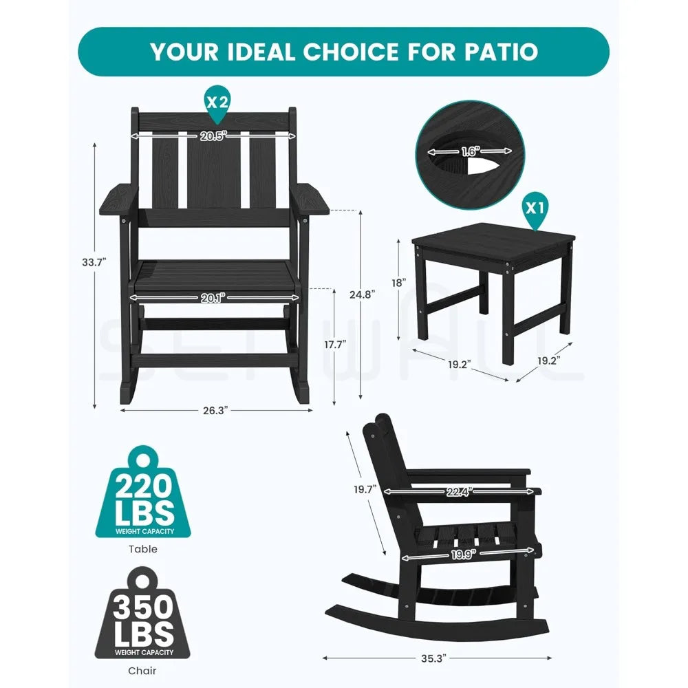 Outdoor Rocking Chair Set of 2 With Side Table Patio