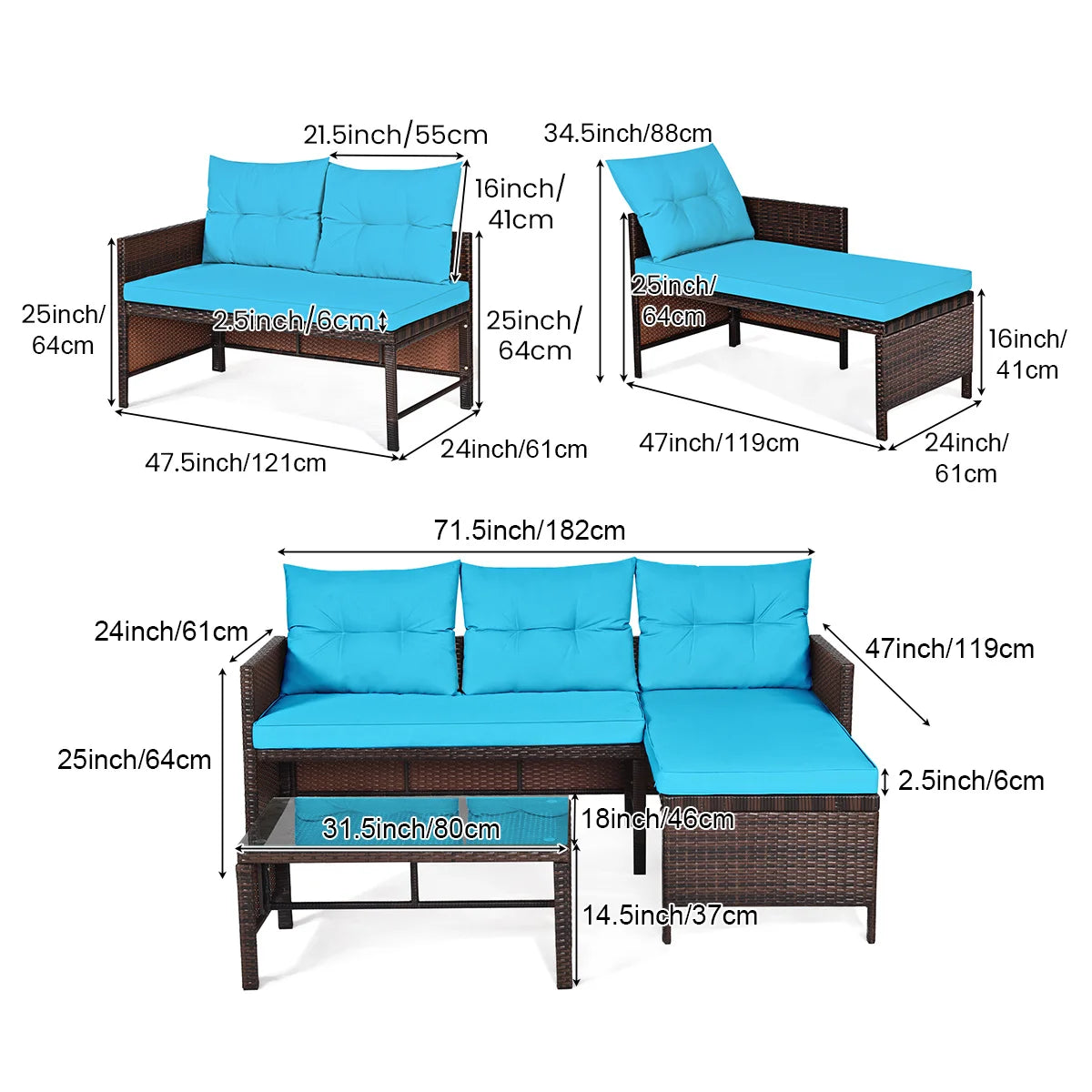 PIYRQ Outdoor Rattan Sectional Sofa Set With Coffee Table