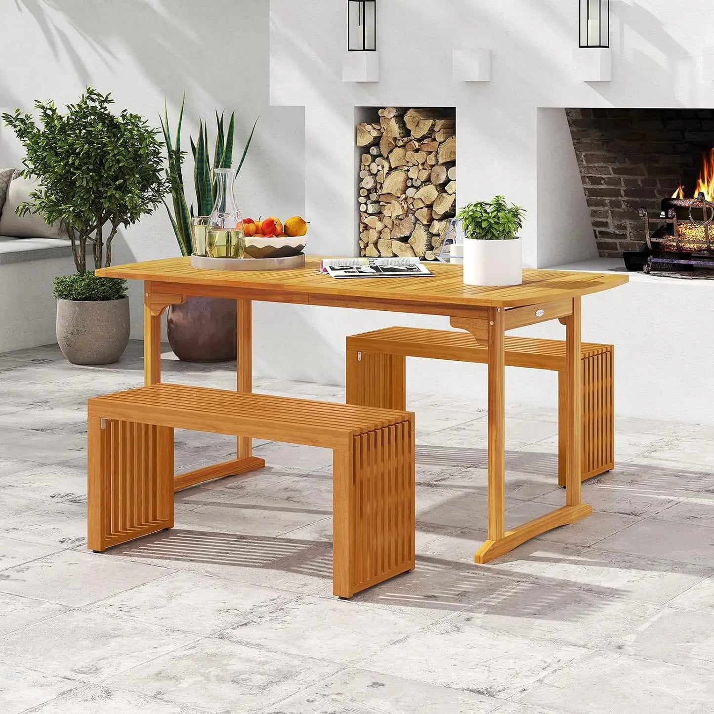 Acacia Wood Patio Bench Outdoor Backless Seating For Two