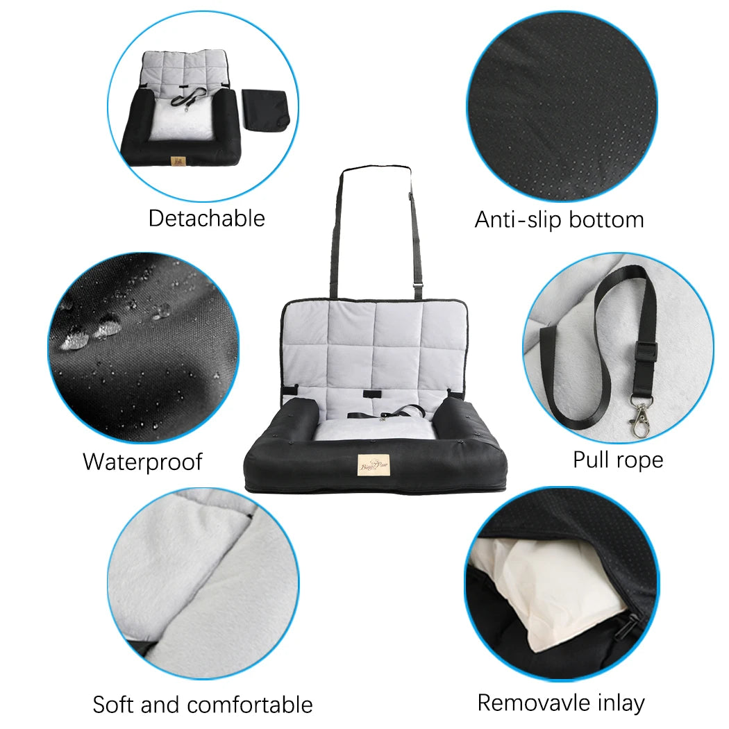 BINGOPAW Waterproof Dog Car Seat Bed With Removable Pad Cover And Safety Belt