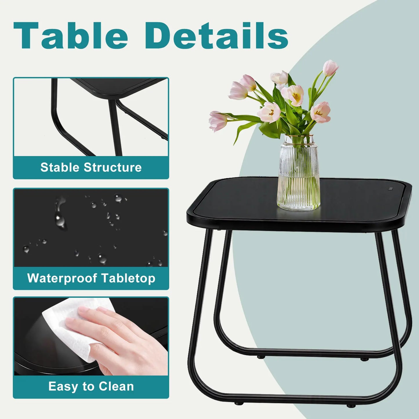 JHK Patio Furniture 3 Piece Set With Table Metal Frame