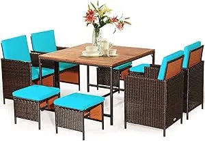 Patio Dining Set With Rattan Chairs And Tempered Glass Table And Ottoman