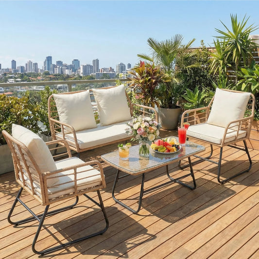 JHK Outdoor Wicker Patio Set 4 Pieces With Glass Table