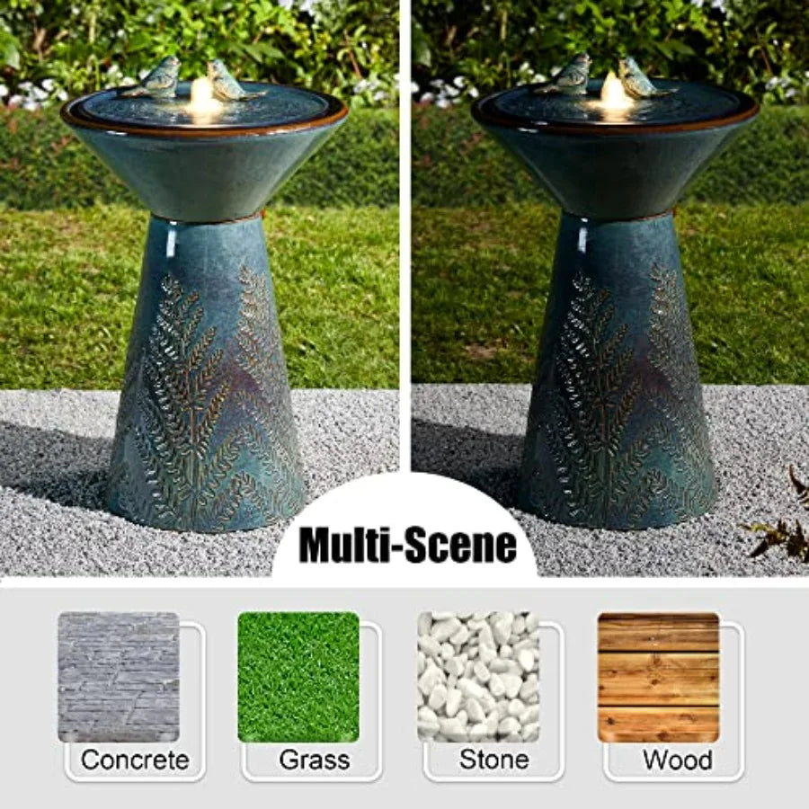 Ceramic Garden Water Fountain LED Light And Pump Bird Bath