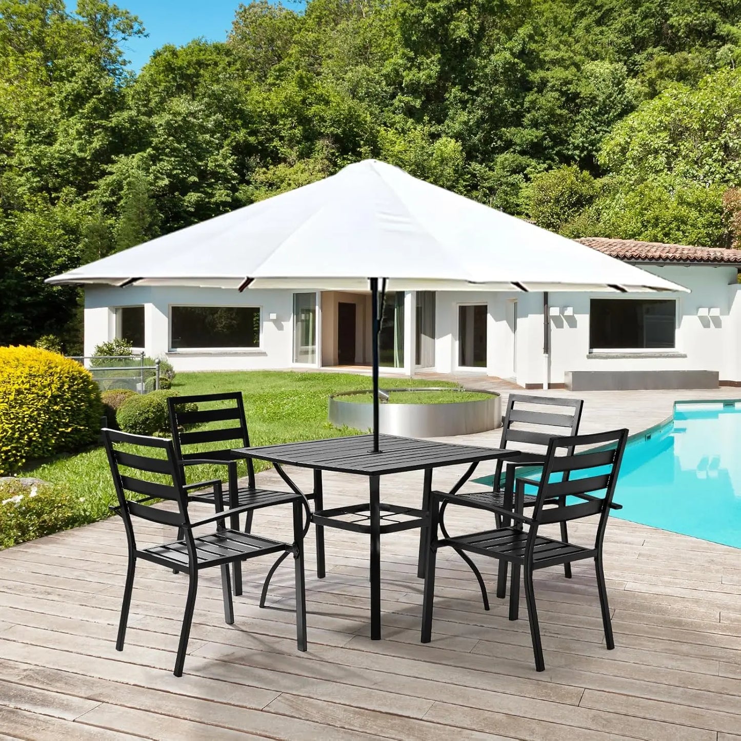Outdoor Five Piece Patio Dining Set With Umbrella Hole And Iron Frame