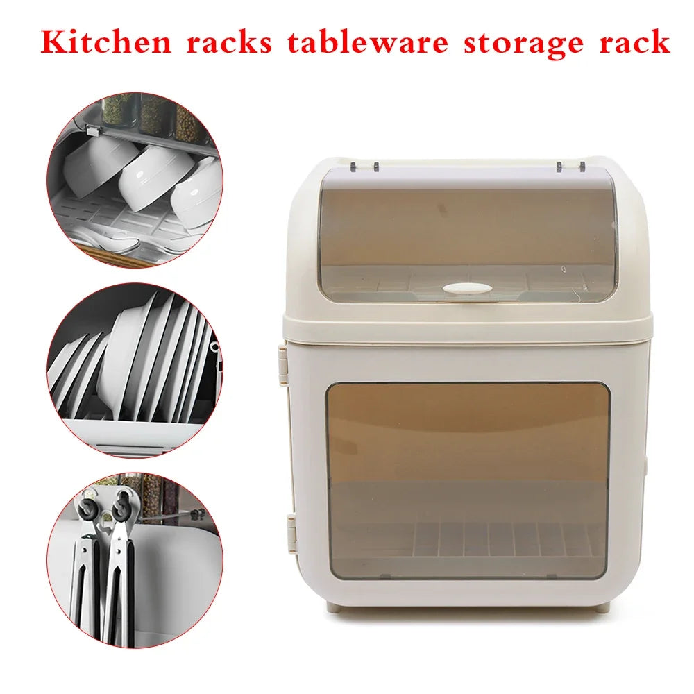 Dish Drying Rack With Cover Dustproof Drainer Basket Utensil Organizer