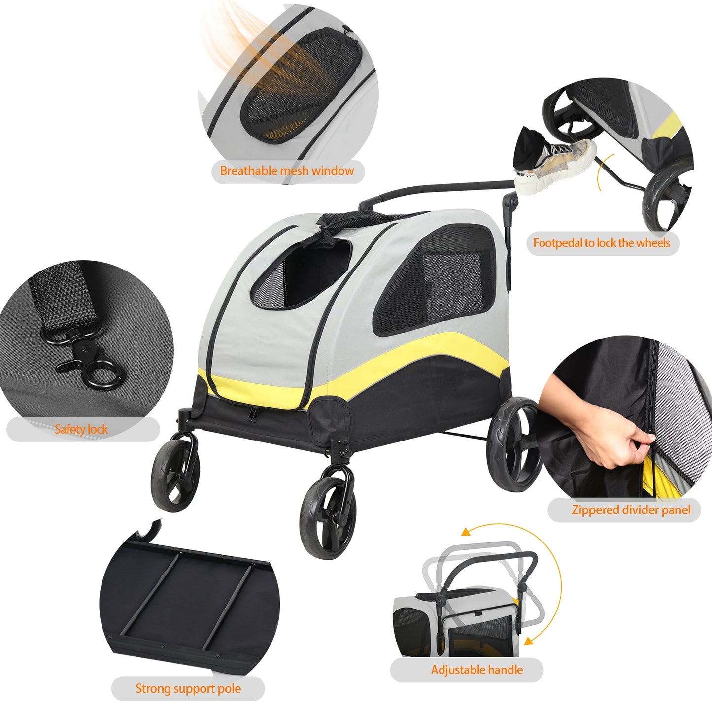 Pet Stroller For Two Dogs With Folding Zipper Divider