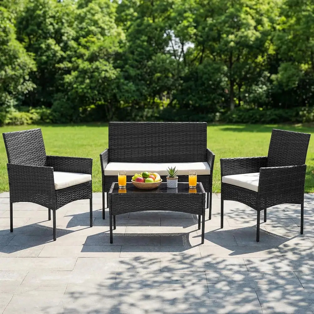 All Weather Patio Furniture Set With Removable Cushions And Glass