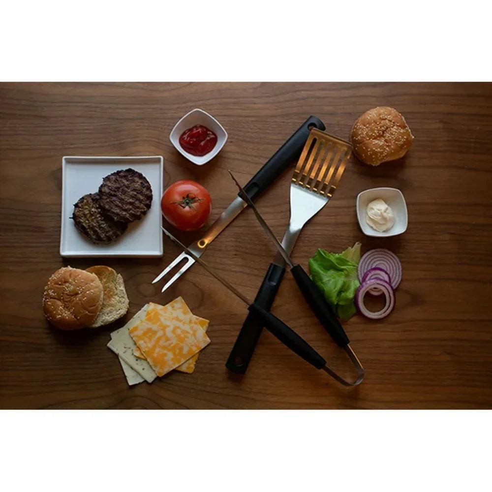 Stainless Steel BBQ Tool Set 3 Piece Fork Tongs Spatula