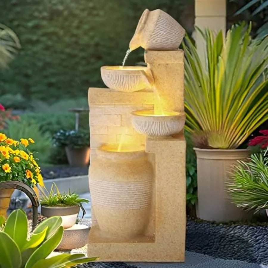 4-Tier Outdoor Water Fountain With Cascading Falls And LED Lights