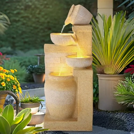 4-Tier Outdoor Water Fountain With Cascading Falls And LED Lights
