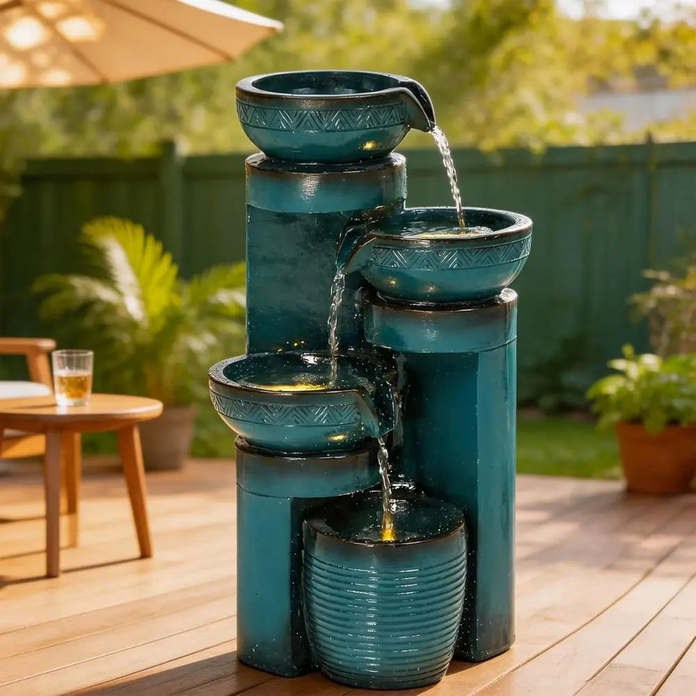 Outdoor 4-Tier Cascading Water Fountain With LED Lights And Pump
