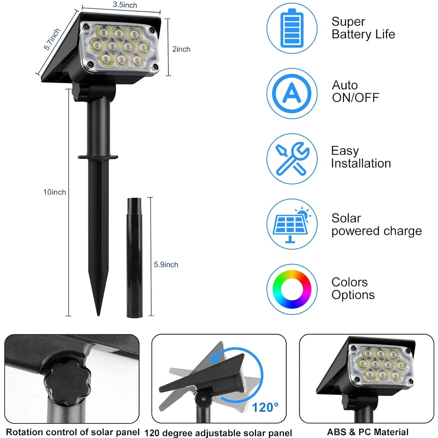 T-SUNRISE 2pc Solar RGB LED Outdoor Spotlight IP65