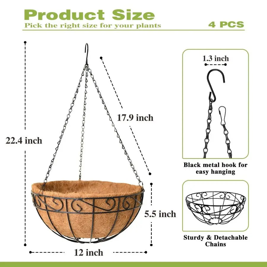 XMSJ 4 Pack Outdoor Hanging Plant Baskets With Coco Liners
