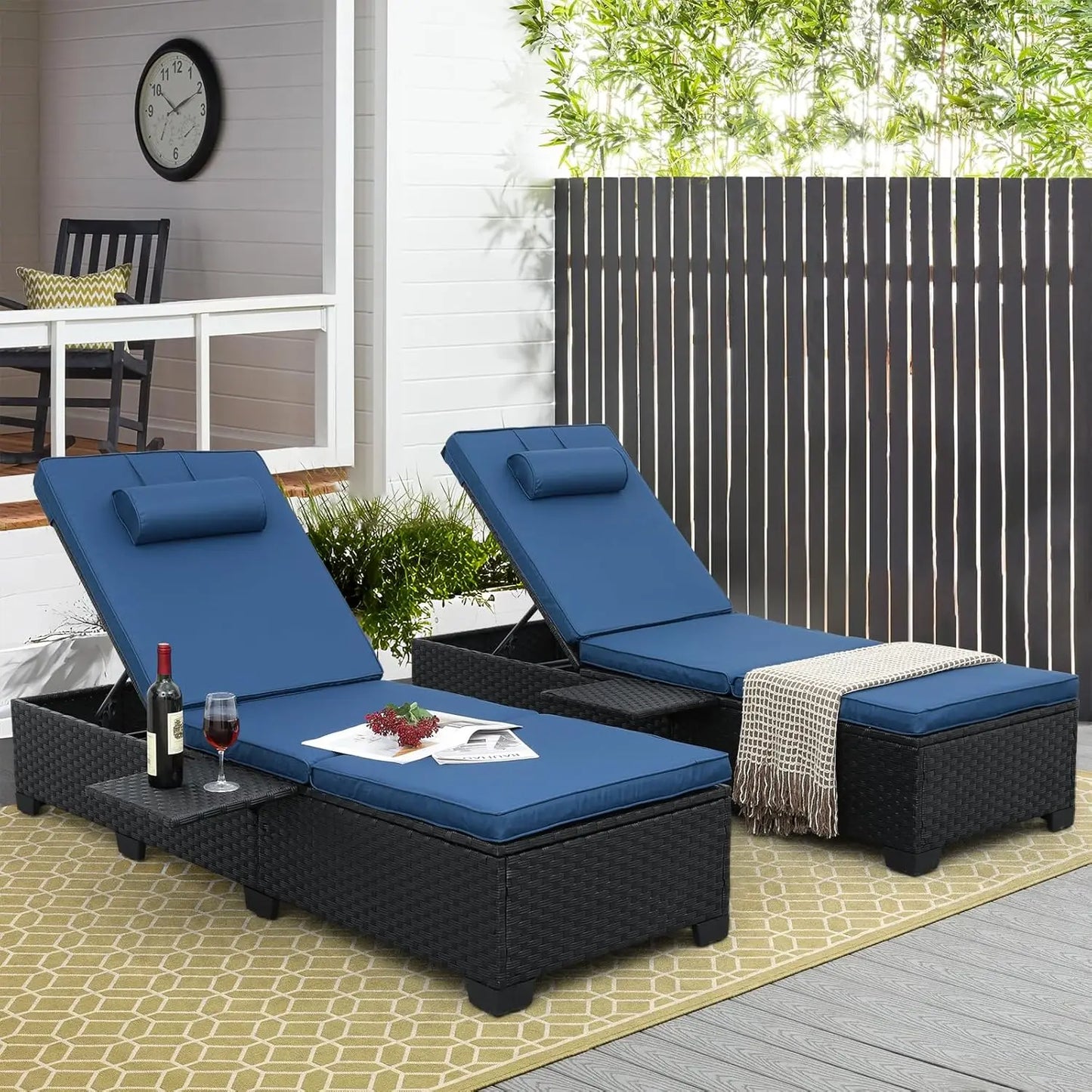 Adjustable Wicker Chaise Lounge Pair for Patio Cushions