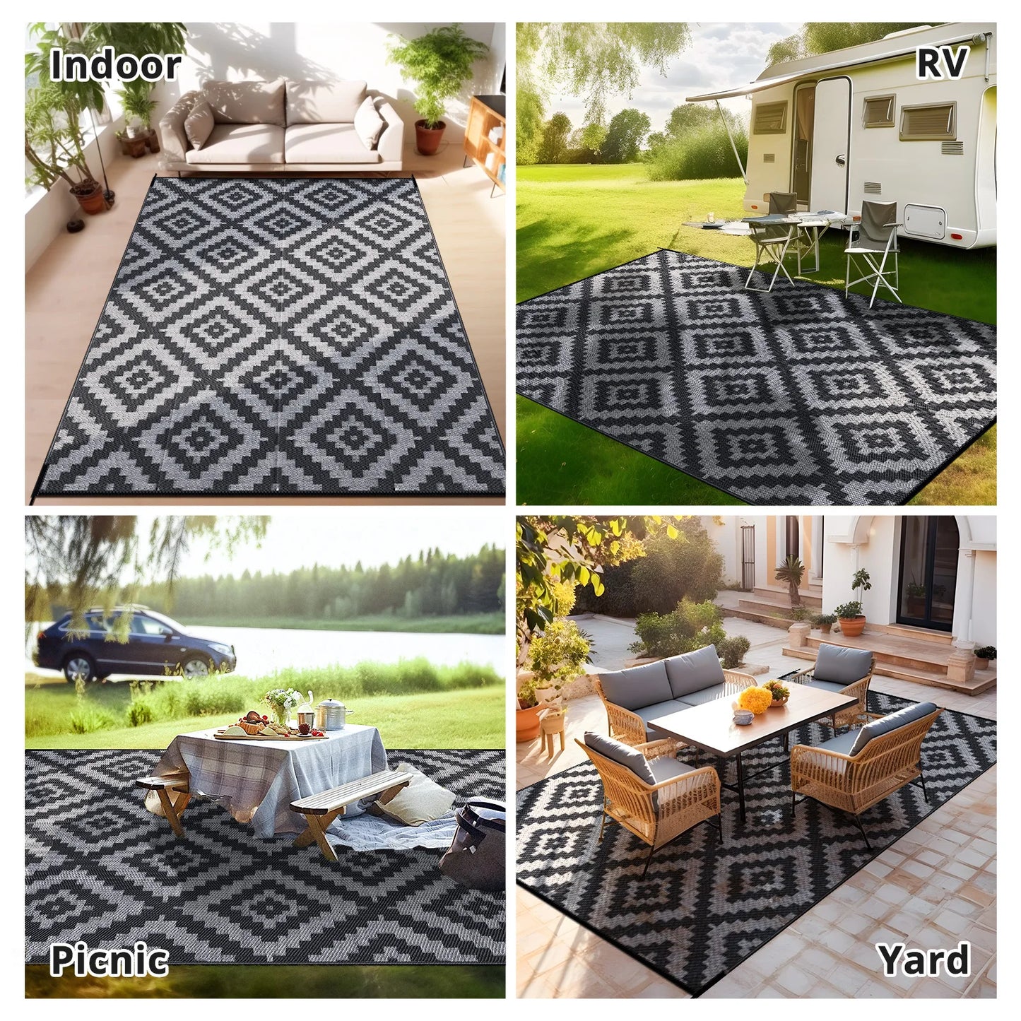 Geometric Outdoor Polyester Rug Waterproof Reversible For Patio Deck Balcony