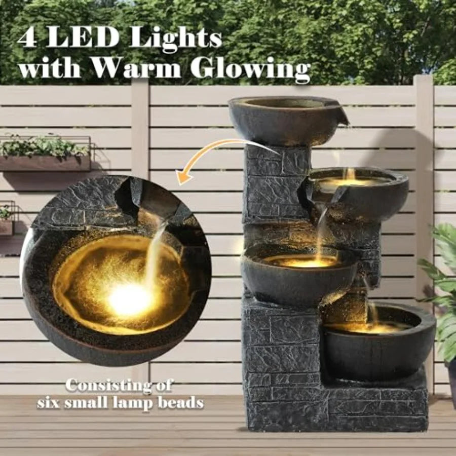 Outdoor Cascading Water Fountain With Four Tiers And LED Lights