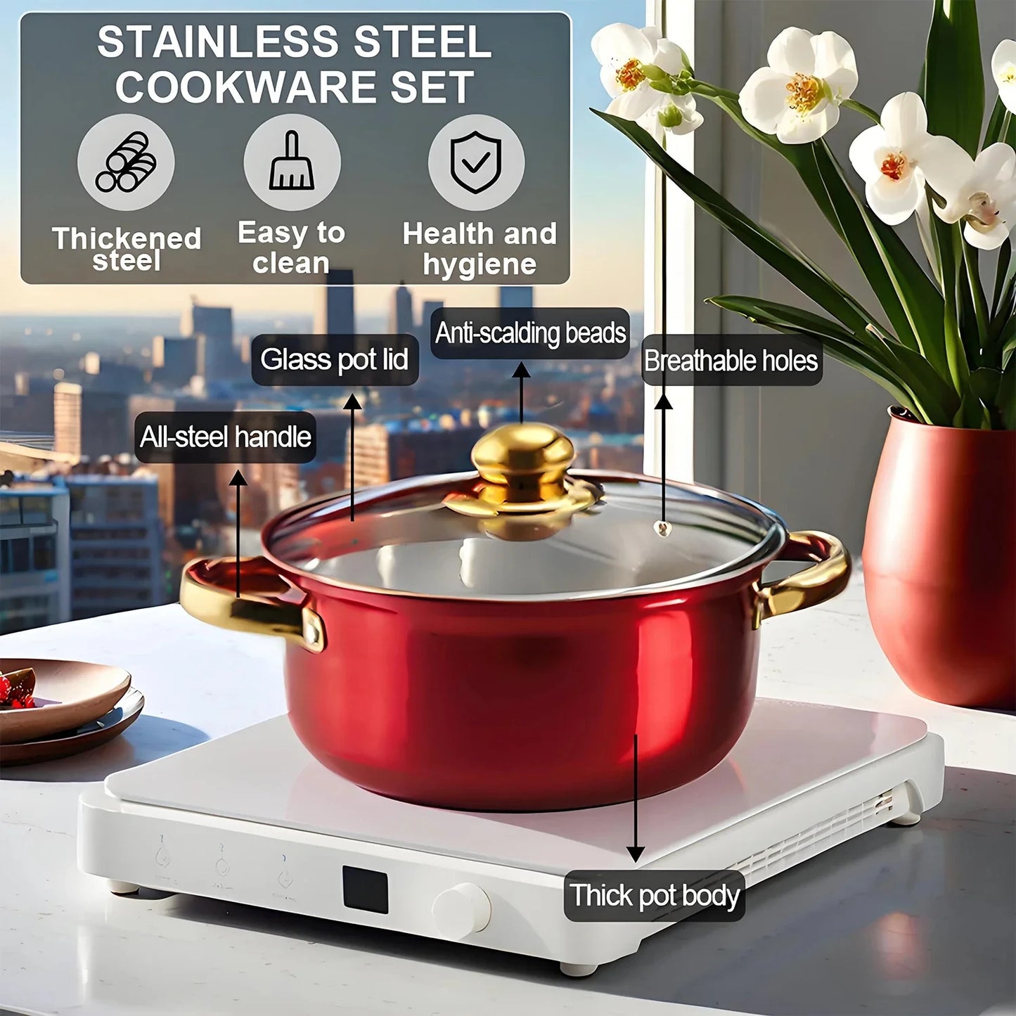 Stainless Steel Cookware Set With Gold Plated Handle 12 Piece