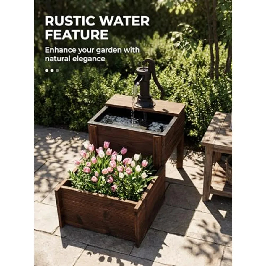 Outdoor Wooden Floor Fountain With Double-Layer Pump And Flower Box