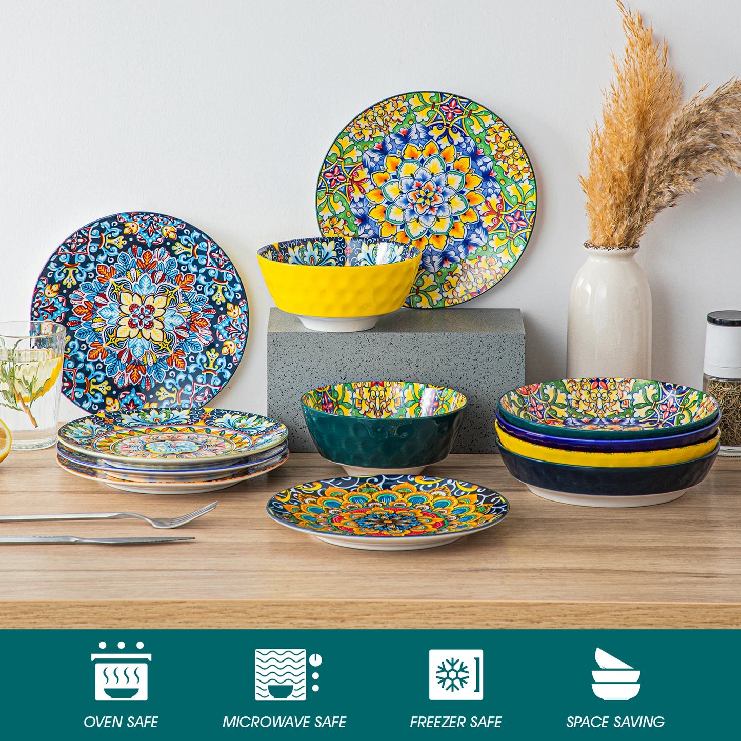 MALACASA Ceramic Dinnerware Set Bohemian Style For 6
