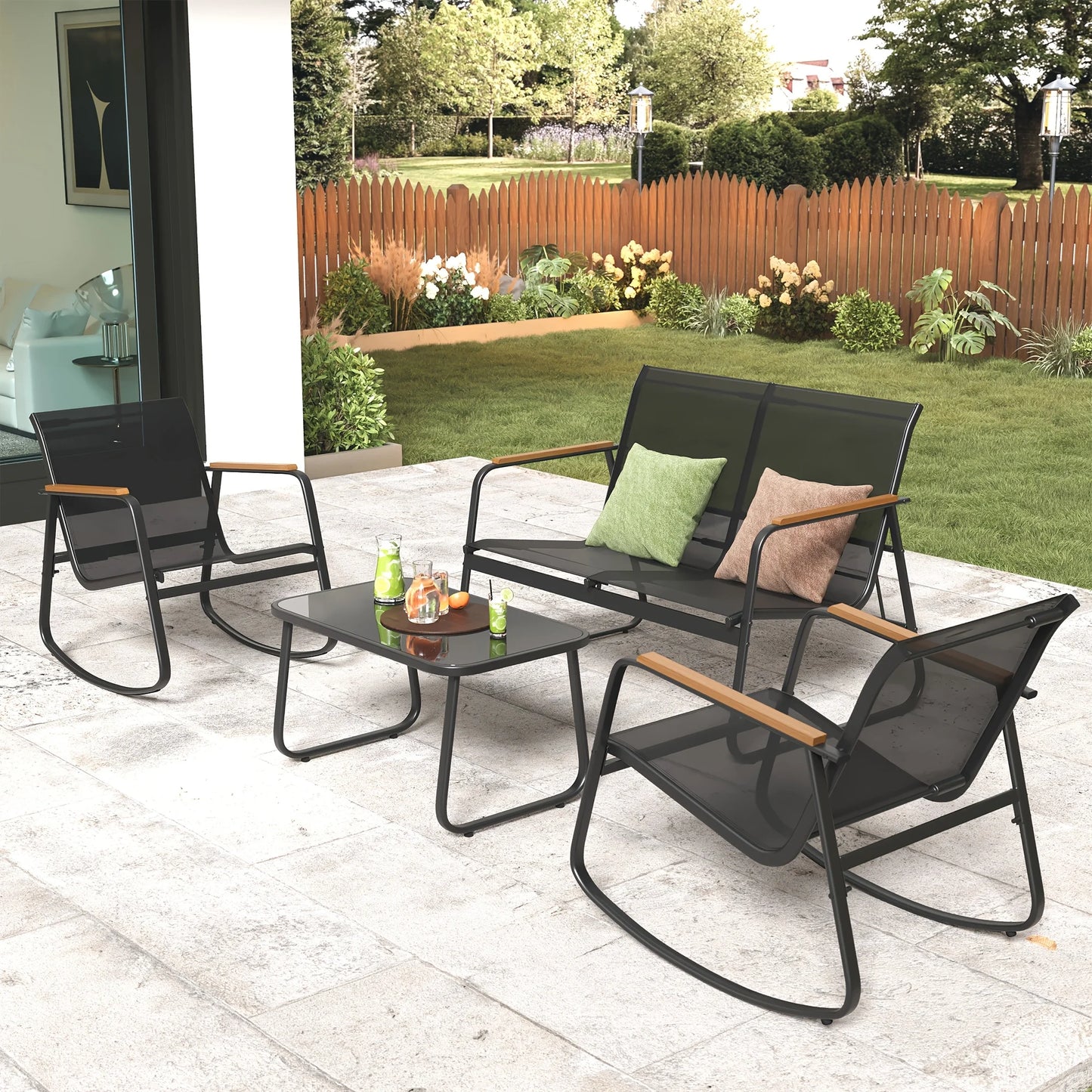PIYRQ Outdoor Patio Furniture Rattan Conversation Chairs With Glass Table