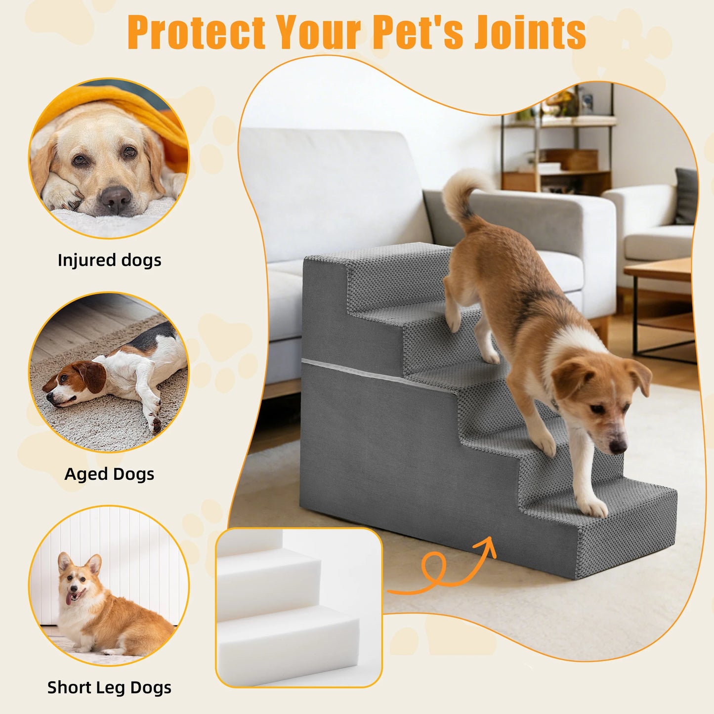 JHK 3-5 Step Right Angled Foam Dog Stairs Ramp NonSlip