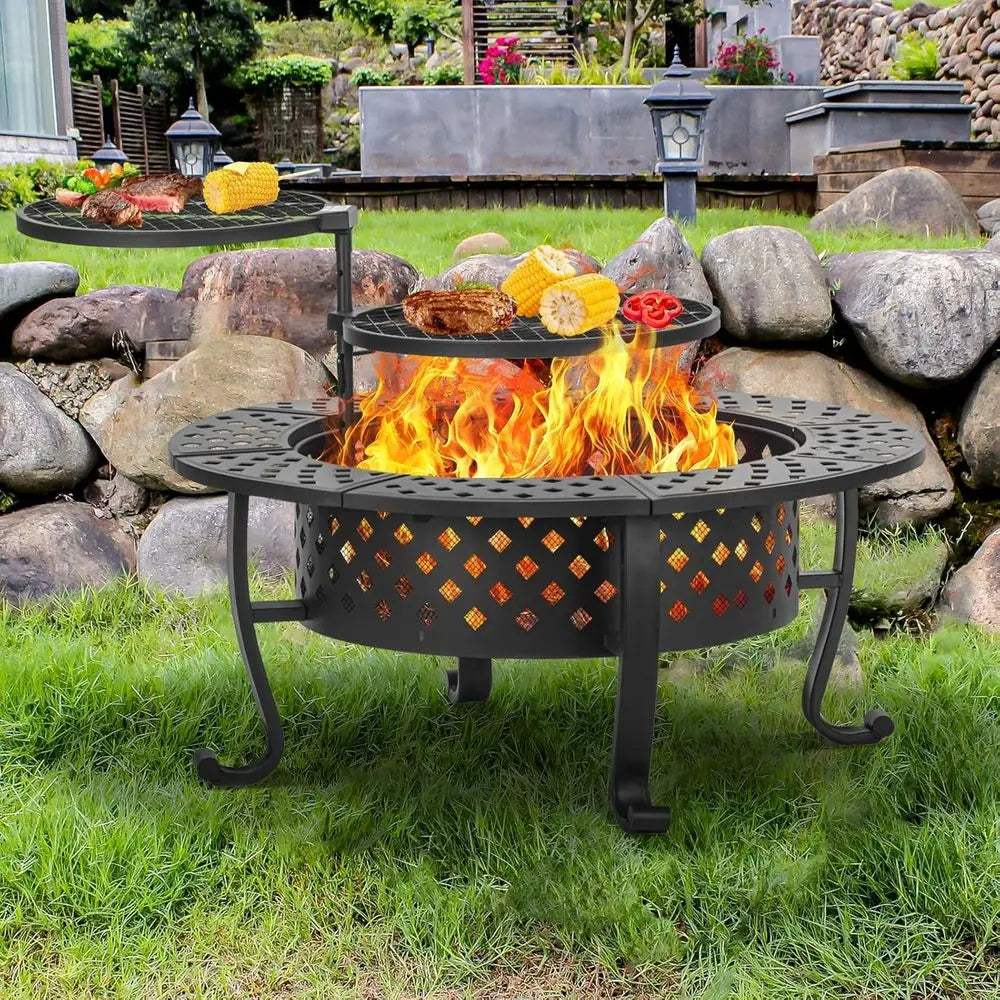Round Metal Fire Pit With Dual Grills And Wood Burning