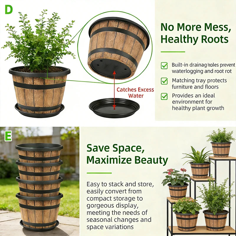 Indoor Resin Flower Planter Imitation Wooden Barrel for Balcony Decor