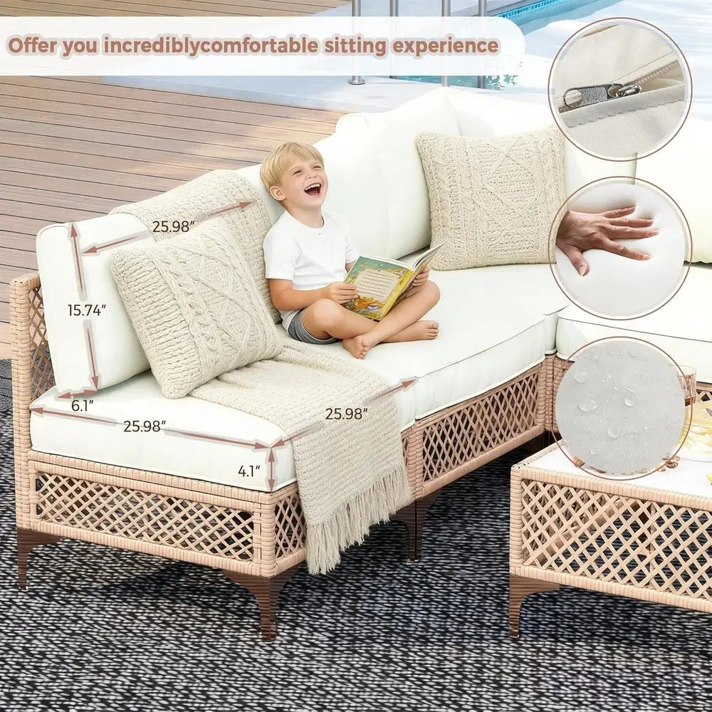 5-Piece Wicker Outdoor Sectional Patio Set With Glass Coffee Table