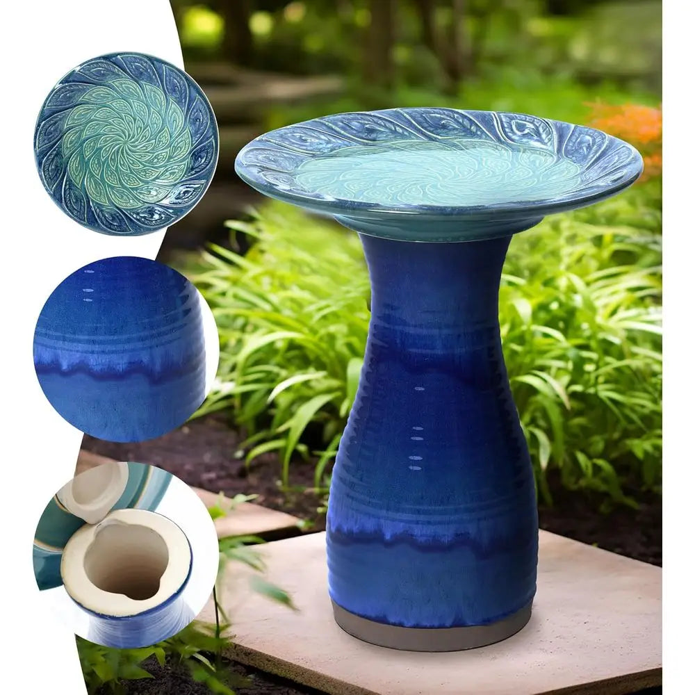 Glazed Ceramic Bird Bath for Outdoors with Pedestal