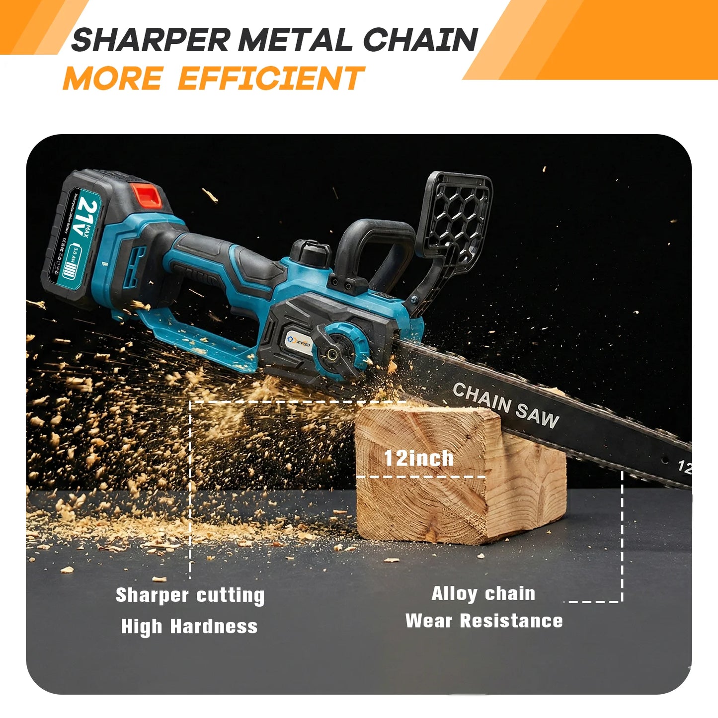 XYSD Cordless Electric Chainsaw 21V With 2x3000mAh Batteries