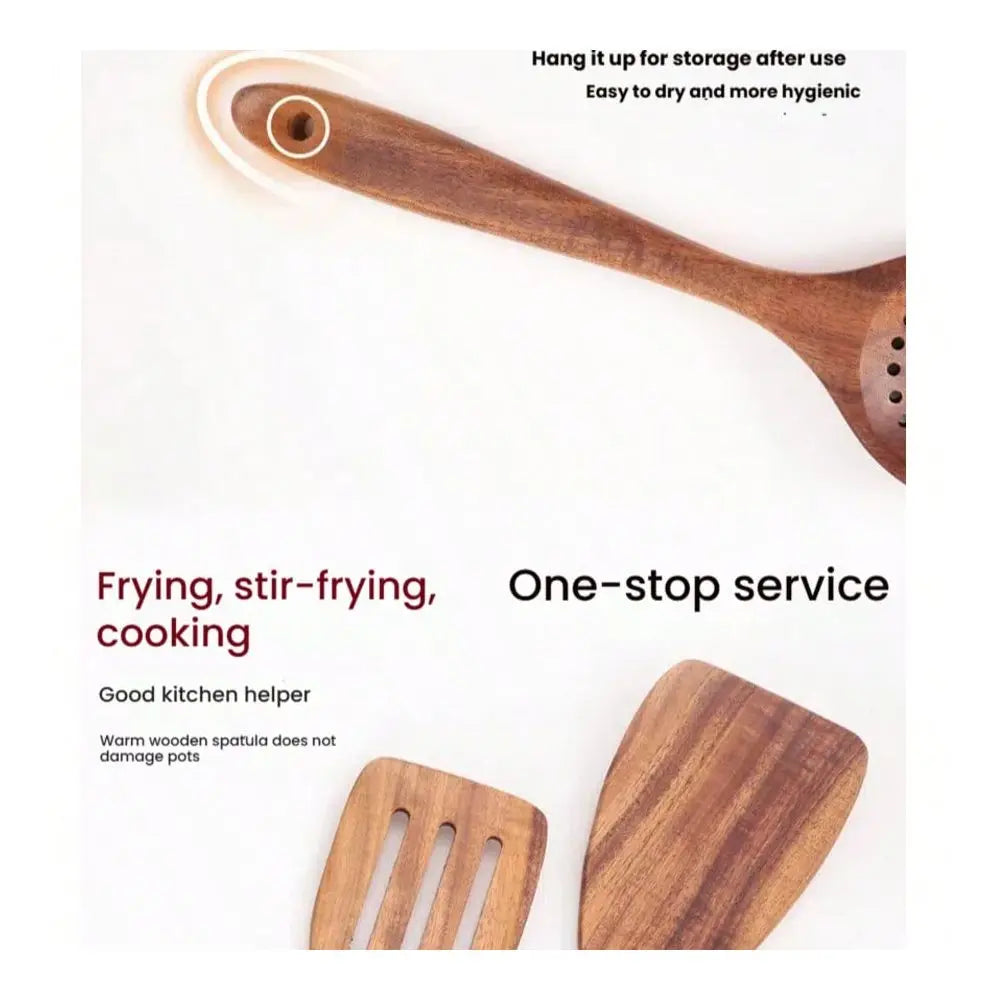 Natural Wooden Kitchen Utensil Set With Spoons Spatulas Tongs