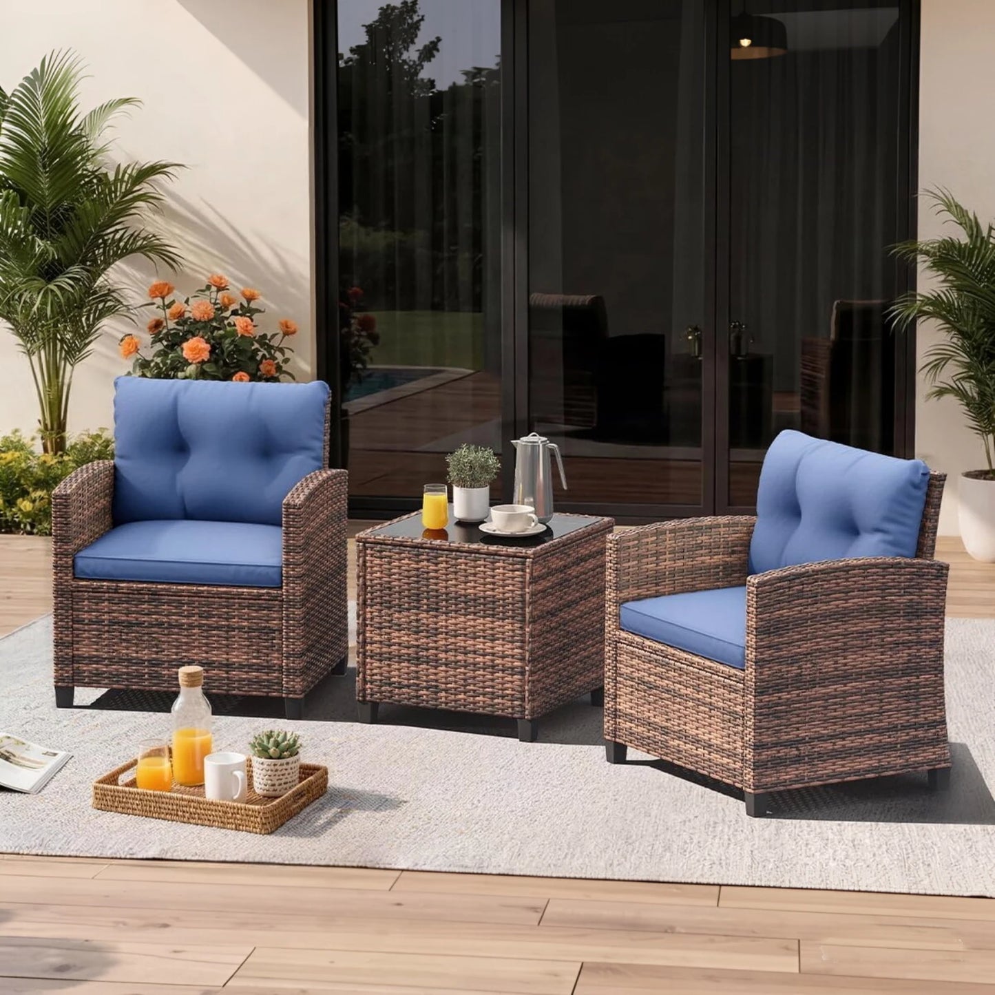 HiMISS Outdoor Patio Bistro Set Rattan Chairs And Side Table