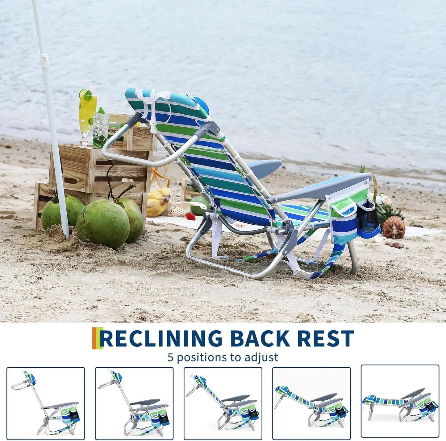 TWISTER.CK Portable Backpack Beach Chair With 5 Reclining Positions