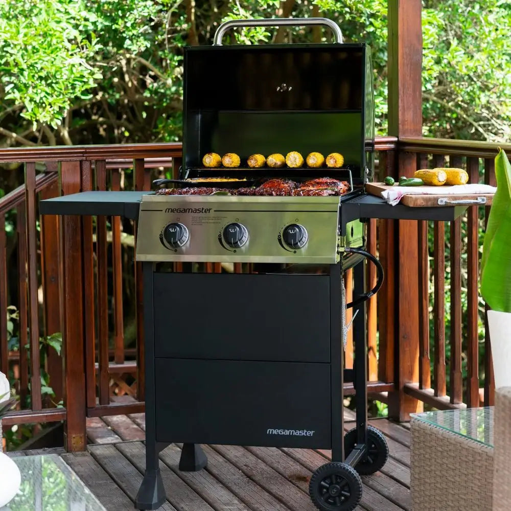 3 Burner Propane Gas Grill With Folding Side Tables