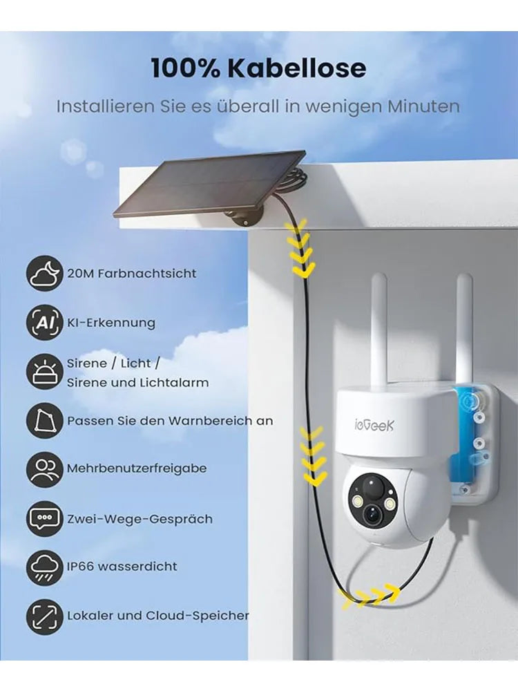 IEGEEK 2K 3MP WiFi Security Camera Outdoor PTZ Wireless Battery With Solar Panel