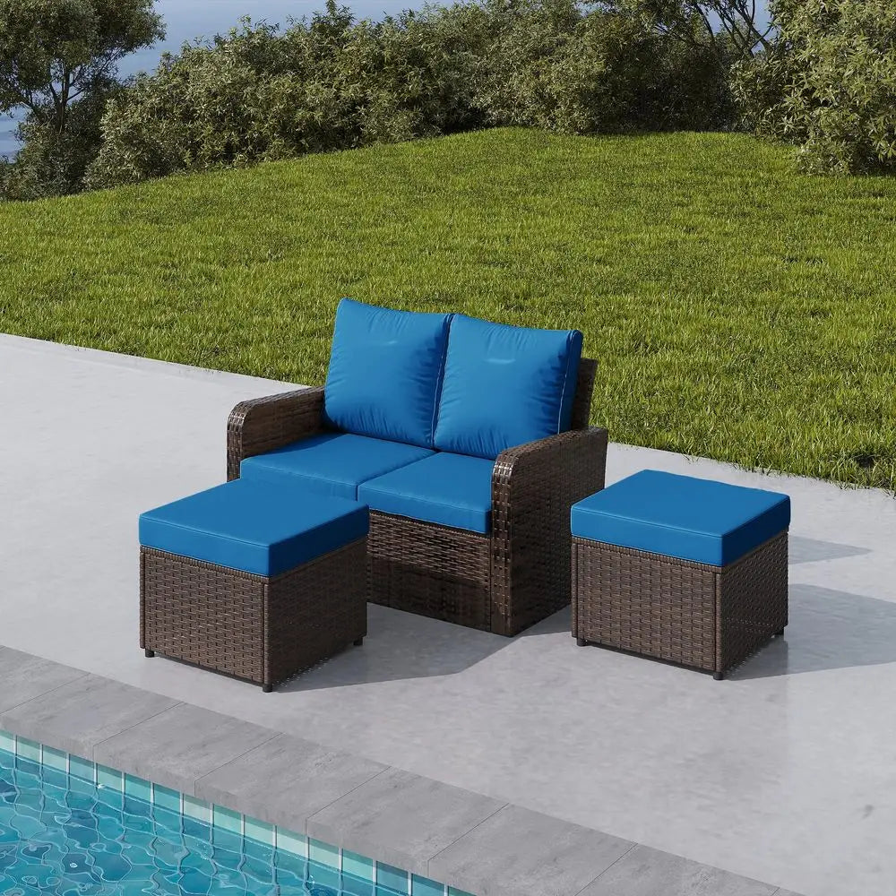 AllWeather PE Wicker Patio Loveseat Sofa With Ottoman And Cushions