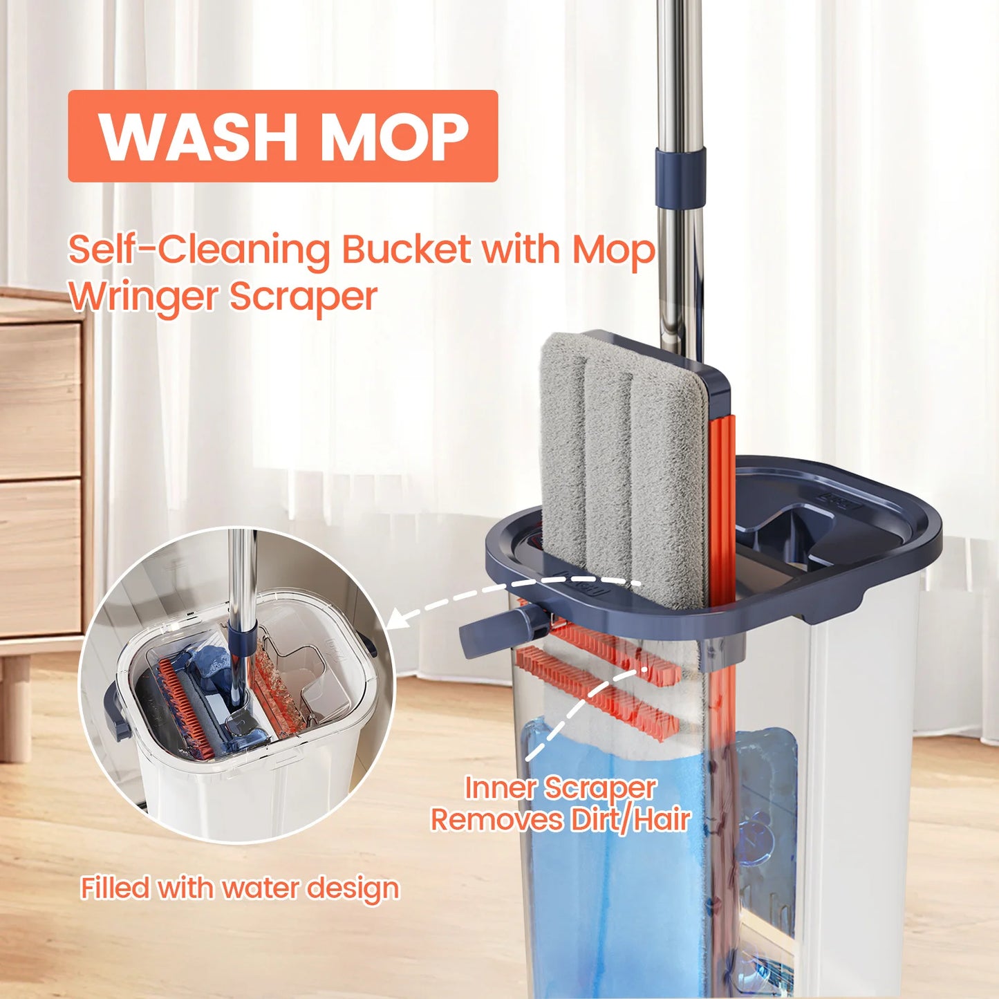 Microfiber Mop With Hands Free Bucket For Separate Clean And Dirty Water