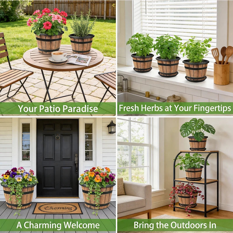 Indoor Resin Flower Planter Imitation Wooden Barrel for Balcony Decor