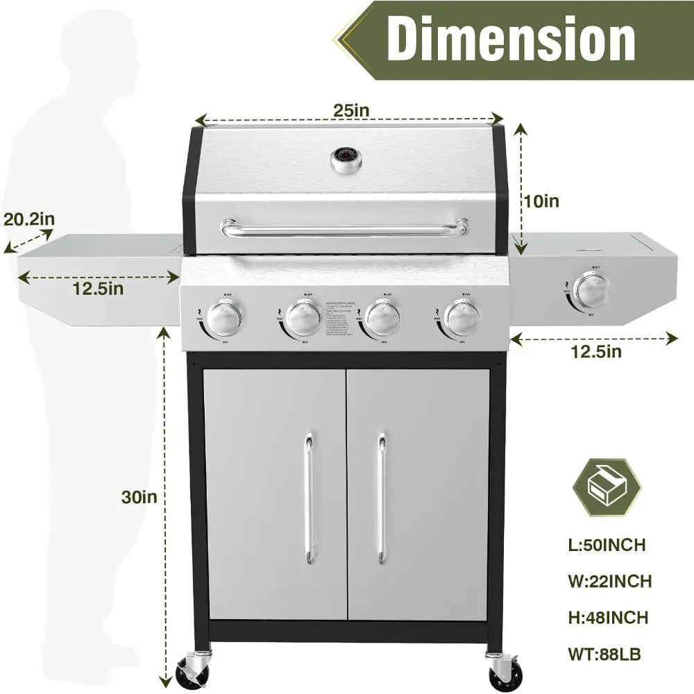 Stainless Steel Propane Gas Grill 60000 BTU Four Burners