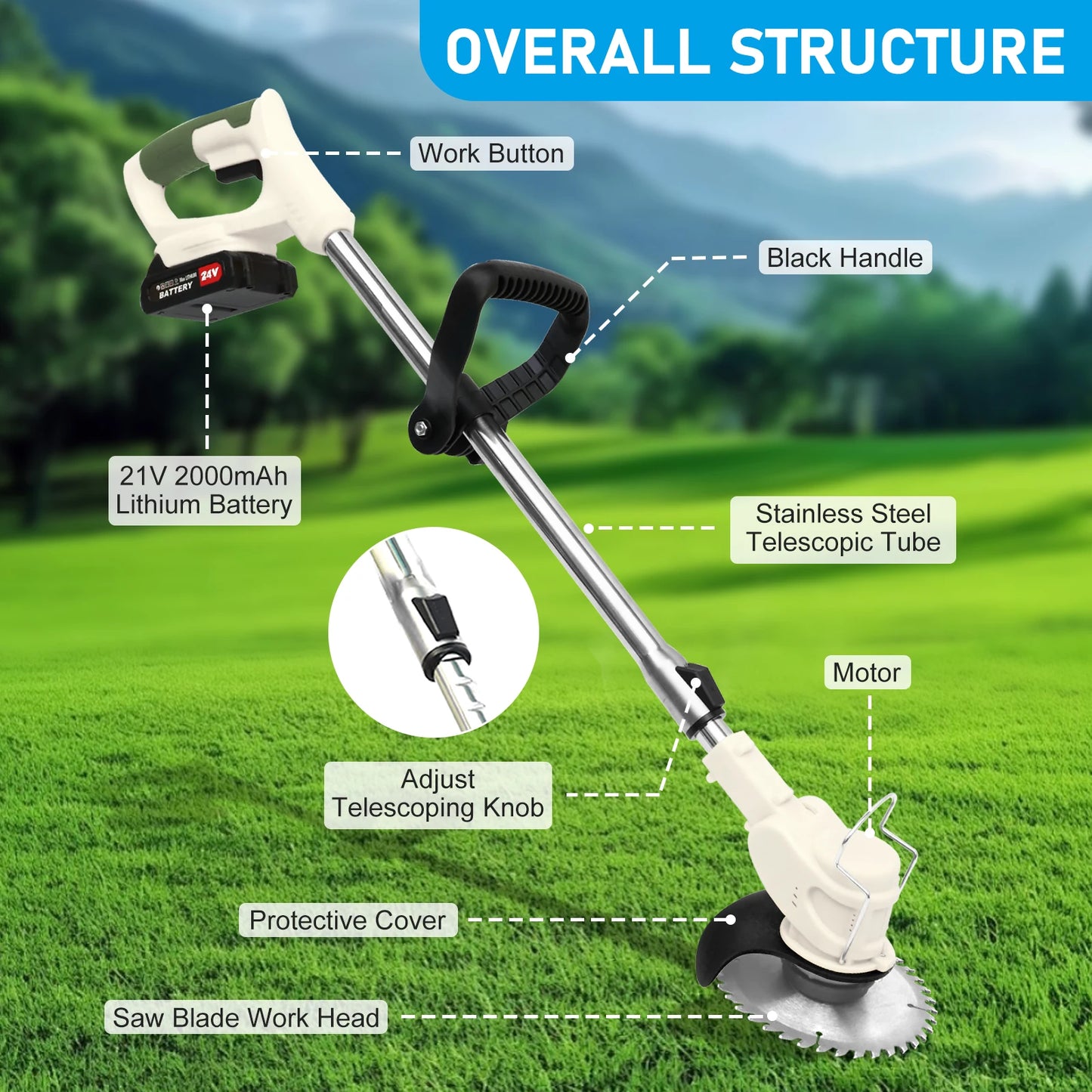21V Cordless Grass Trimmer 3-In-1 Edger Mower With 2x2.0Ah Batteries
