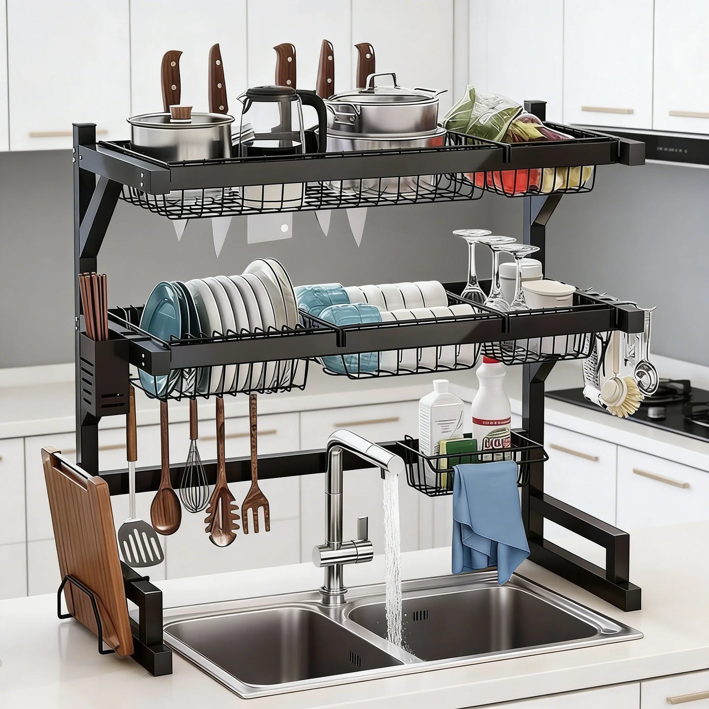 Over Sink Dish Drying Rack With Adjustable Shelves And Utensil Holder