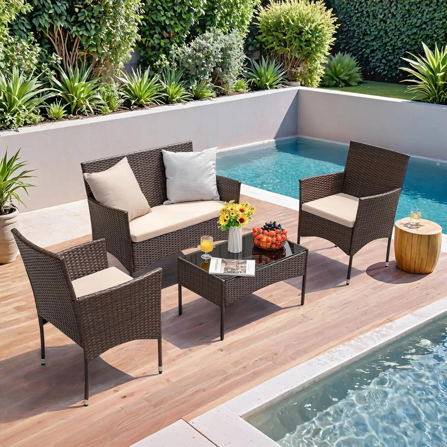 4-Piece Outdoor Patio Furniture Set Rattan Chair Wicker